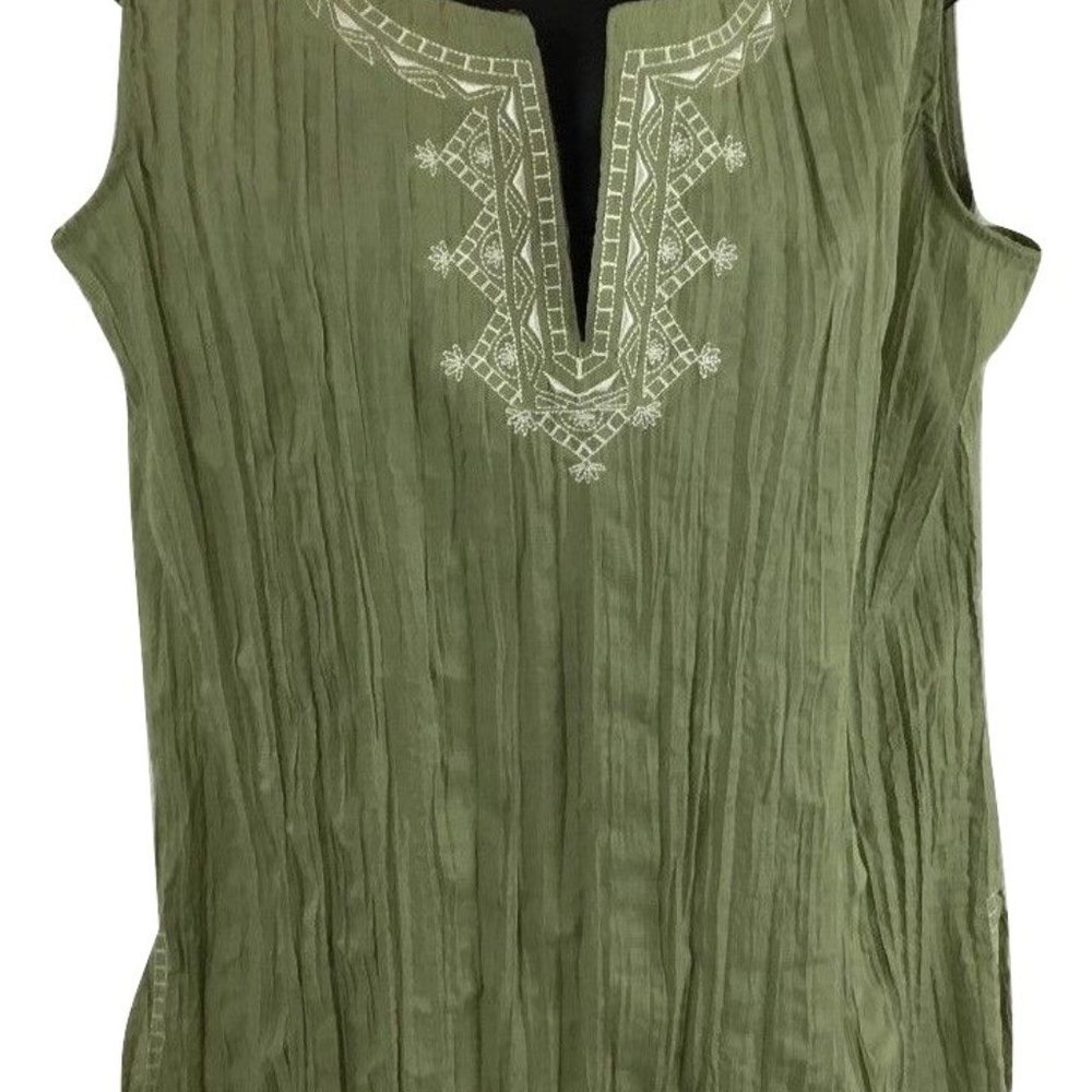MYSTIQUE AURA Moss Green Sleeveless White Embroidered BOHO Tunic Size Pt. XL New